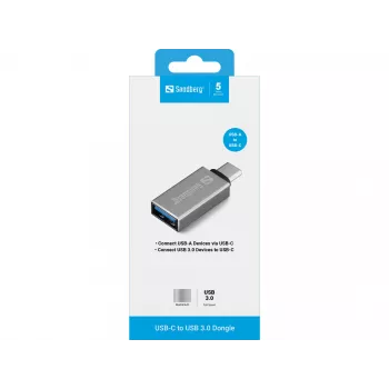 Sandberg USB-C naar USB 3.0-dongle, USB 3.2 Gen 1 (3.1 Gen 1) Type-C, USB 3.2 Gen 1 (3.1 Gen 1) Type-A, Zilver, Aluminium, 5 g, 80 mm