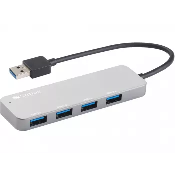 Sandberg USB 3.0-hub 4 poorten SAVER, USB 3.2 Gen 1 (3.1 Gen 1) Type-A, USB 3.2 Gen 1 (3.1 Gen 1) Type-A, 5000 Mbit/s, Zilver, Aluminium, 40 g