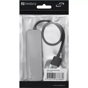 Sandberg USB 3.0-hub 4 poorten SAVER, USB 3.2 Gen 1 (3.1 Gen 1) Type-A, USB 3.2 Gen 1 (3.1 Gen 1) Type-A, 5000 Mbit/s, Zilver, Aluminium, 40 g