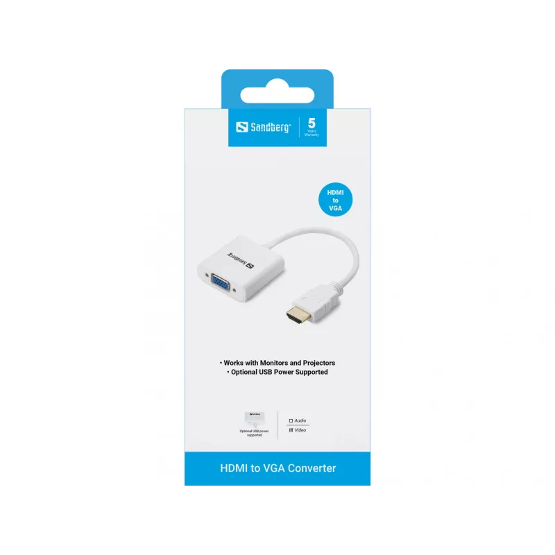 Sandberg HDMI-naar-VGA-converter, VGA (D-Sub), HDMI type A (Standaard), Stekker, Bus, Wit, RoHS