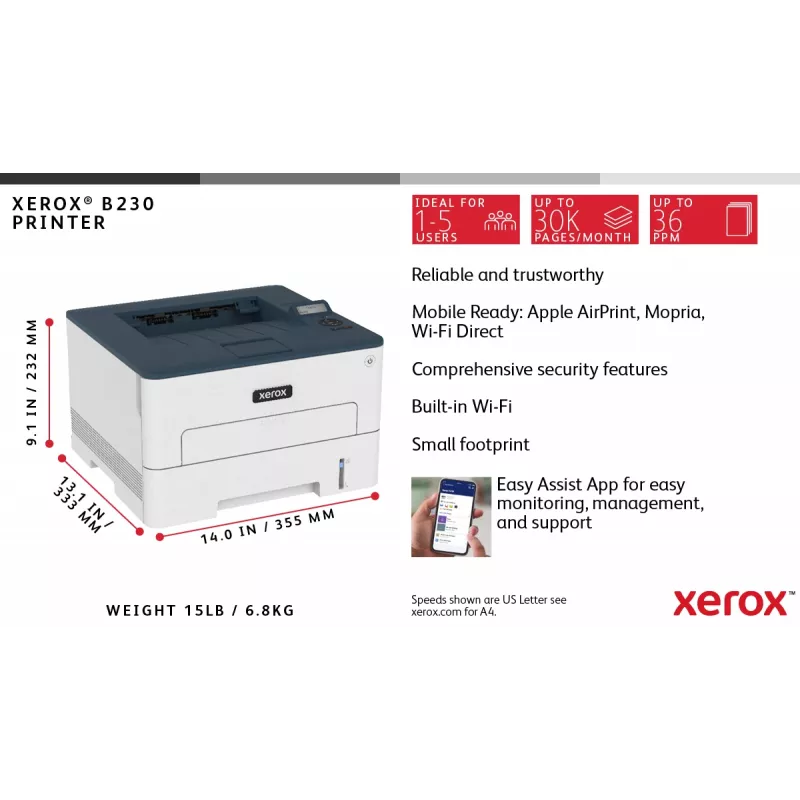 Xerox B230 A4 34ppm draadloze duplex printer PCL5e/6 2 papierladen totaal 251 vel