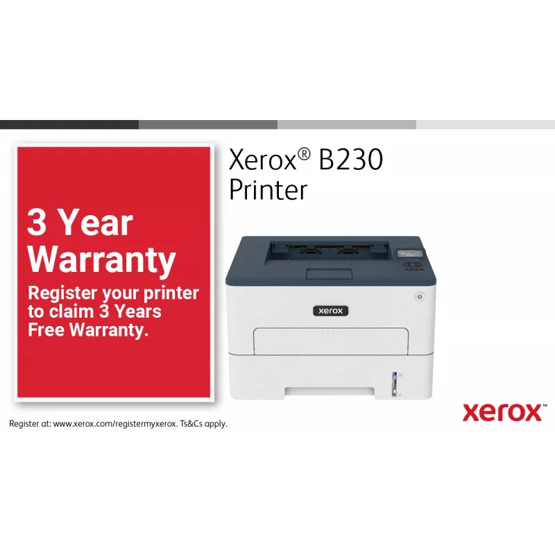 Xerox B230 A4 34ppm draadloze duplex printer PCL5e/6 2 papierladen totaal 251 vel