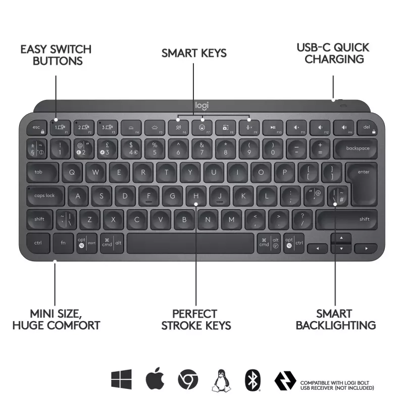 LOGITECH Minimalist draadloos verlicht toetsenbord - MX KEYS MINI - Graphite - Qwertz Duits