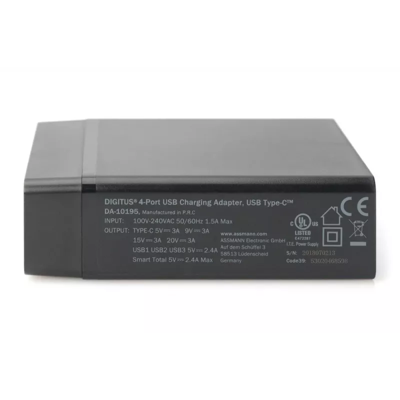 DIGITUS 4-poorts USB-oplader, 72 W 1x USB-C (PD) 5,9,15,20 V/3 A, 3x USB-A 5 V/2,4 A, zwart