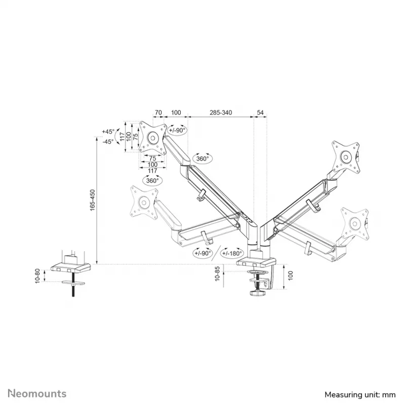 Neomounts DS70-810BL2 monitorarm 17-32 inch – gasveer – ruimtebesparend – 180°-stop