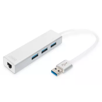 DIGITUS USB 3.0, 3-poorts hub & Gigabit-LAN-adapter 3xUSB A/F, 1xUSB A/M, 1xRJ45 LAN ondersteunt Windows en Mac OS