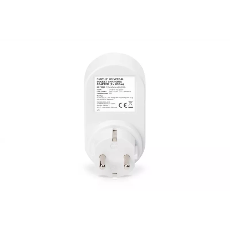 DIGITUS voeding met 2 USB-aansluitingen 250V, 50 Hz, USB: 5V, 2,1A, wit / grijs