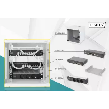 DIGITUS 10in netwerkbundel – 6U kast, grijs schap, PDU, 8-poorts switch, CAT6 patchpaneel