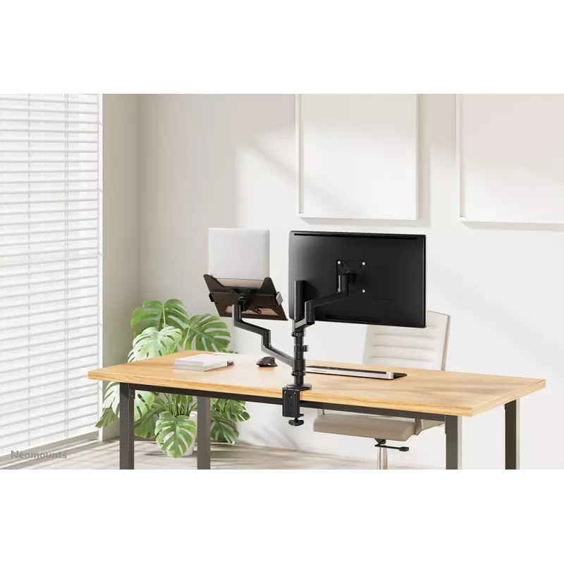 Neomounts DS20-425BL2 monitorarm met laptopsteun 17-27 inch – ruimtebesparend