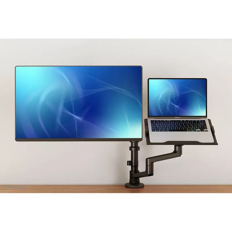 Neomounts DS20-425BL2 monitorarm met laptopsteun 17-27 inch – ruimtebesparend