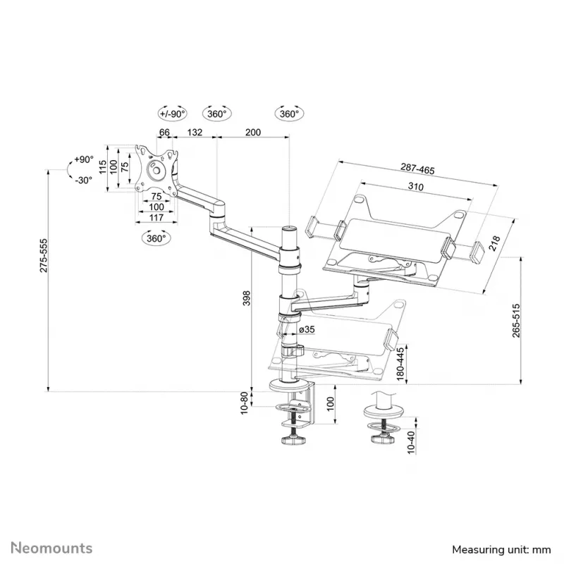 Neomounts DS20-425BL2 monitorarm met laptopsteun 17-27 inch – ruimtebesparend