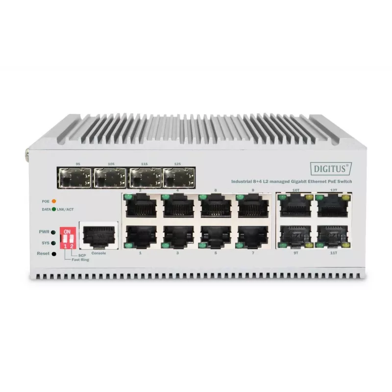 DIGITUS Gigabit Ethernet netwerk PoE-switch - 8 poorten industrieel, L2 managed, 4 SFP uplink