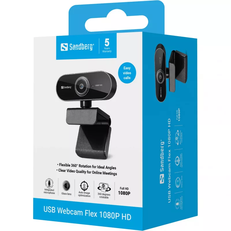 Sandberg USB-webcam Flex 1080P HD, 2 MP, 1920 x 1080 pixels, Full HD, 30 fps, USB, zwart
