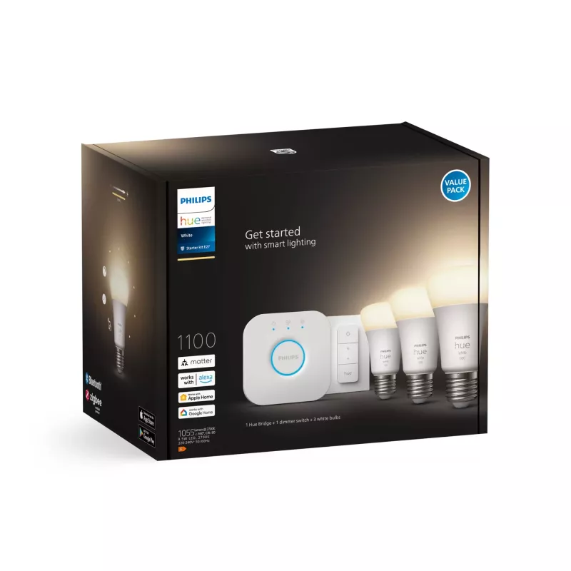 Philips Hue White startset: 3 E27 smartlampen (1100) + dimschakelaar