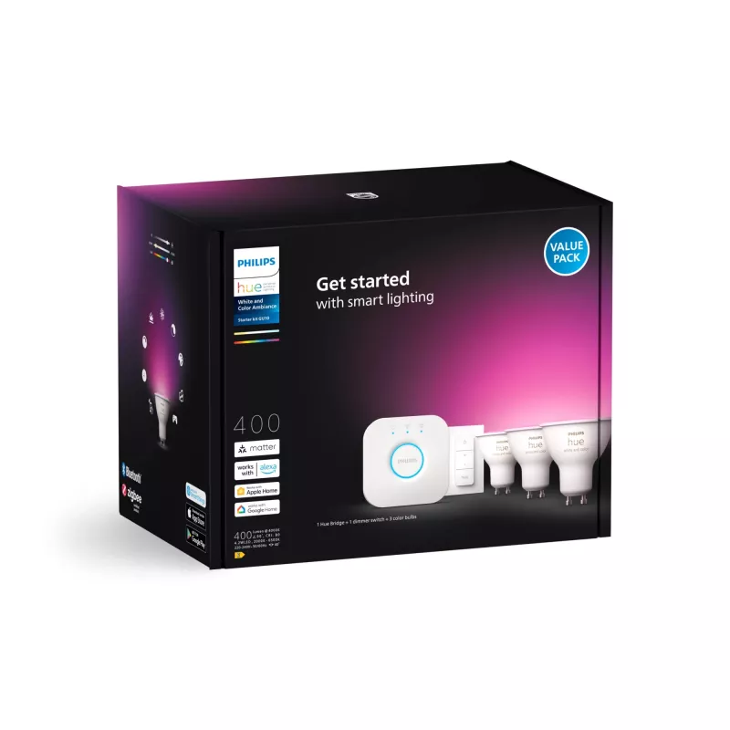 Philips Hue White and Colour Ambience startset: 3 GU10 smartspots + dimschakelaar