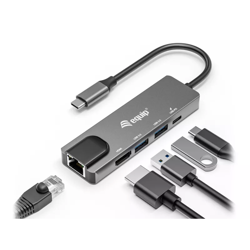 Equip USB-C 5-in-1 multifunctionele adapter, HDMI, Gigabit-LAN, USB 3.2 Gen1, 100W USB PD