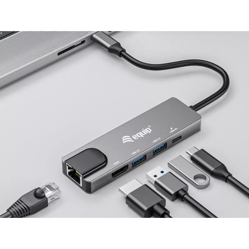 Equip USB-C 5-in-1 multifunctionele adapter, HDMI, Gigabit-LAN, USB 3.2 Gen1, 100W USB PD