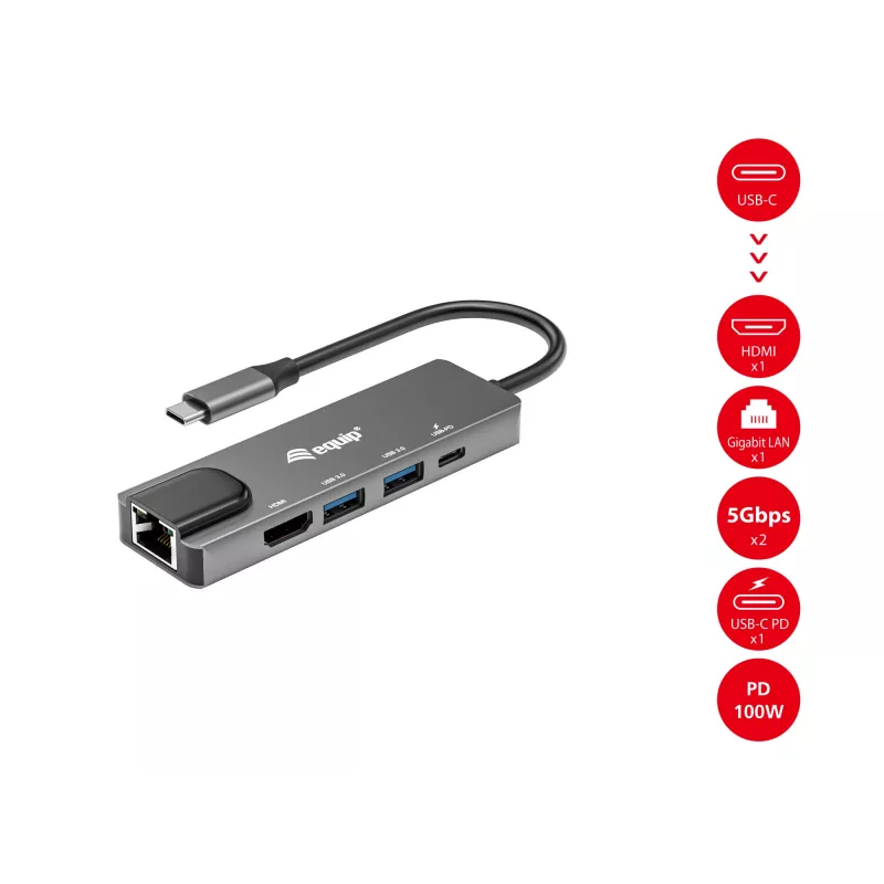 Equip USB-C 5-in-1 multifunctionele adapter, HDMI, Gigabit-LAN, USB 3.2 Gen1, 100W USB PD