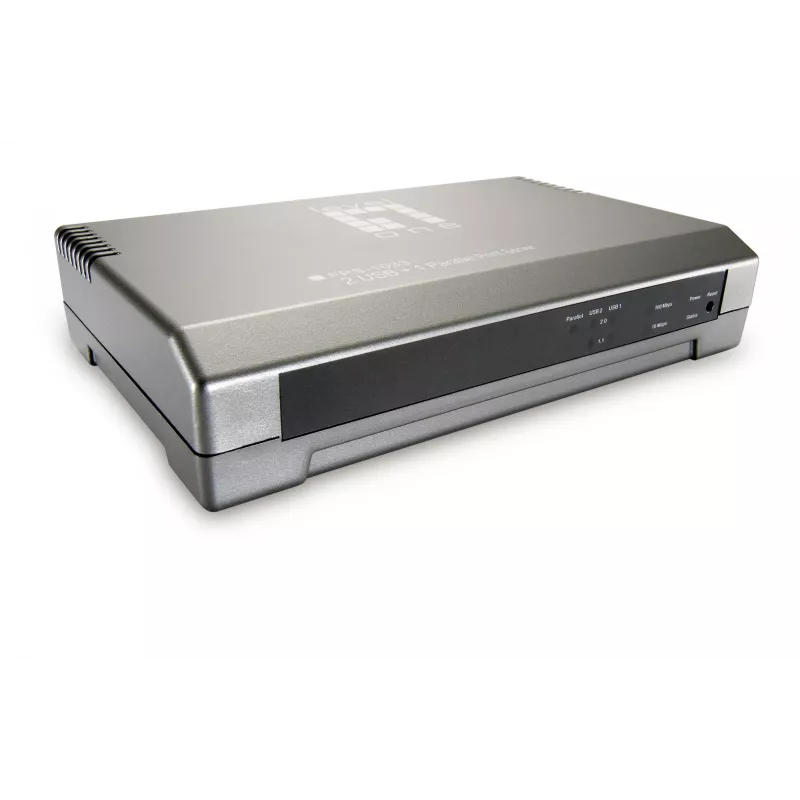 LevelOne printserver, 2 x USB, 1 x parallel, grijs, activiteit, link, stroom, status, Taiwan, Ethernet LAN, IEEE 802.3, IEEE 802.3u, 10,100 Mbit/s