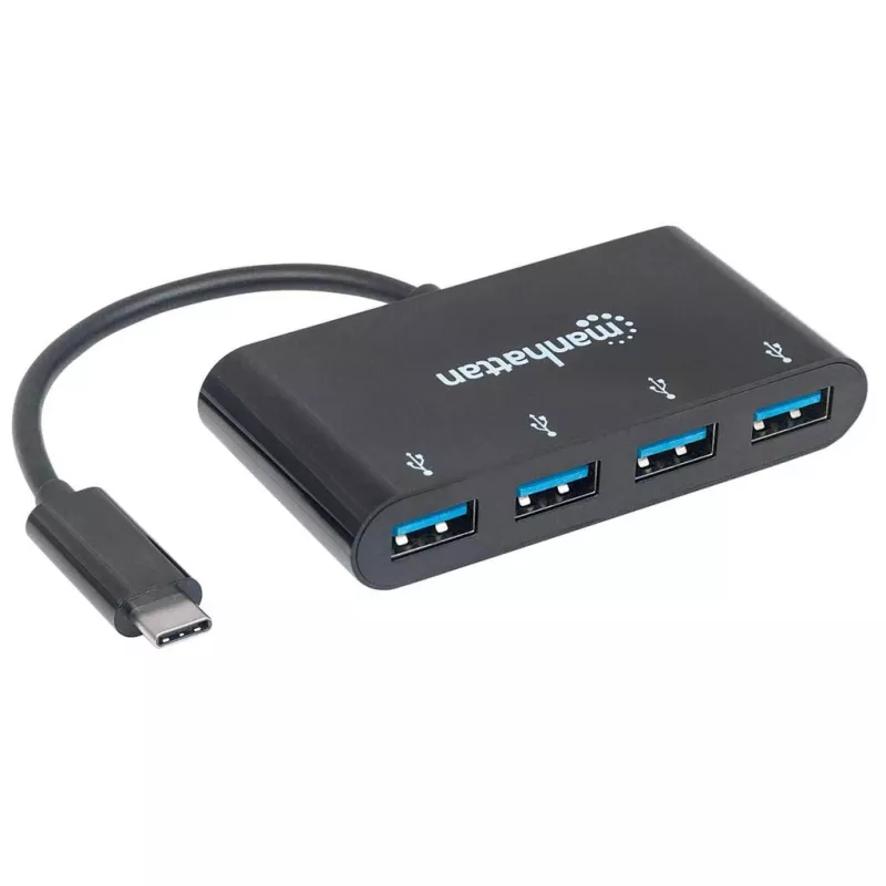 Manhattan USB-C dock/hub, aansluitingen (4x): USB-A (4x), 5 Gbit/s (USB 3.2 Gen1 alias USB 3.0), USB-gevoed (geen externe voeding nodig), kabel 20 cm, equivalent aan HB30C4AB