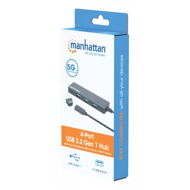 Manhattan USB-C dock/hub, aansluitingen (4): USB-A (x4), 5 Gbps (USB 3.2 Gen1 ook bekend als USB 3.0), USB-gevoed (geen externe voeding nodig), equivalent aan HB30CM4AB