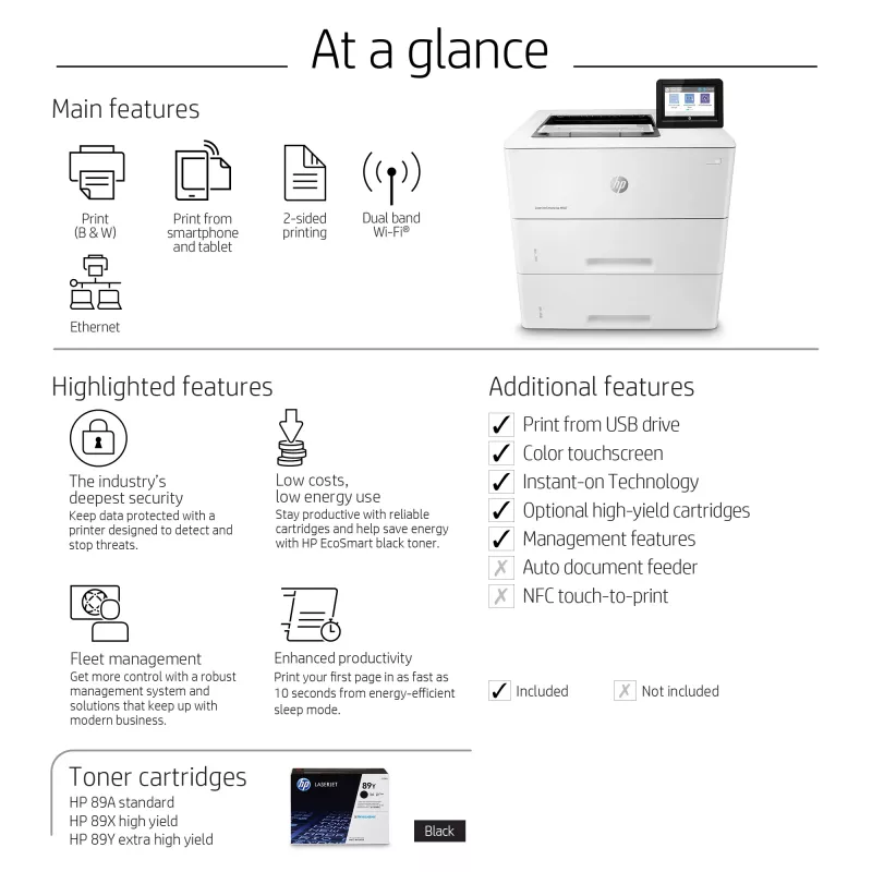 HP LaserJet Enterprise M507x, laser, 1200 x 1200 DPI, A4, 43 ppm, dubbelzijdig afdrukken, netwerkgeschikt