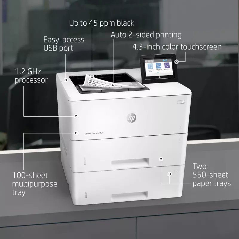 HP LaserJet Enterprise M507x, laser, 1200 x 1200 DPI, A4, 43 ppm, dubbelzijdig afdrukken, netwerkgeschikt