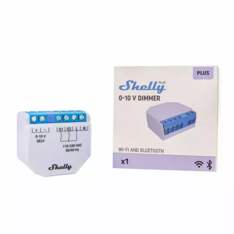 Dimmer Shelly Plus 0-10V inbouw blauw-grijs draadloze bediening 110-240V