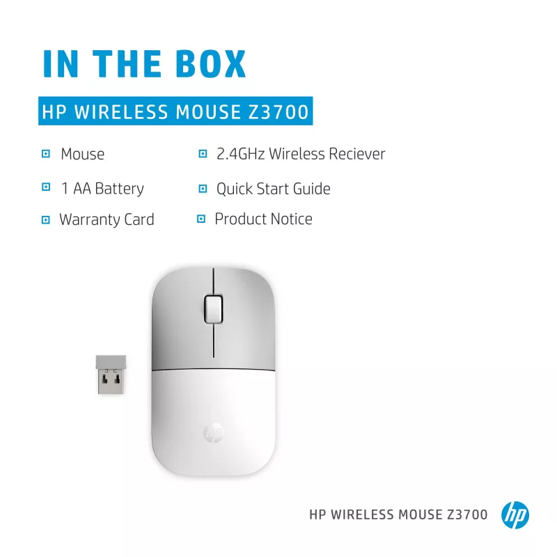 HP Z3700 keramisch wit draadloze muis, dubbelhandig, optisch, RF Wireless, 1200 DPI, zilver, wit