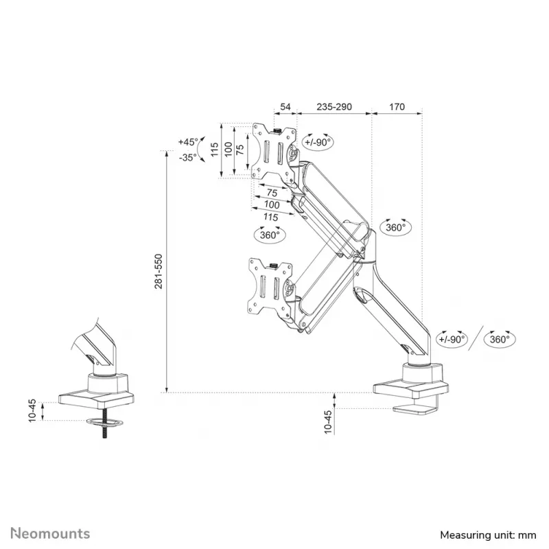 Neomounts DS70-450WH1 monitorarm 17-42 inch - gasveer - Topfix - 180°-stop