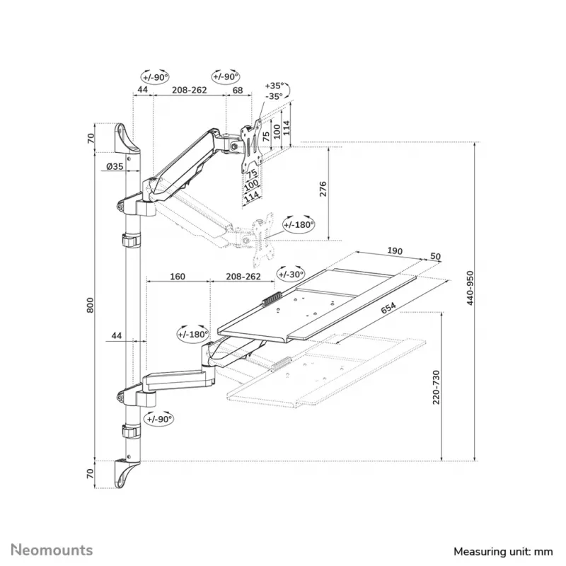 Wandgemonteerde zit-sta-werkstation Neomounts WL90-325BL1 max. gewicht 9 kg