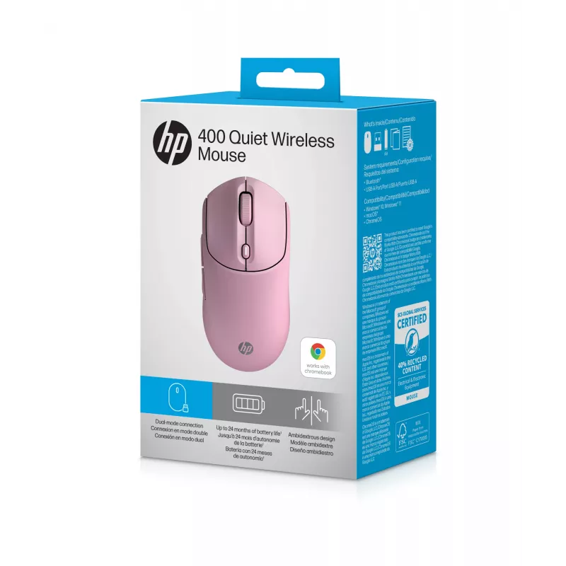 HP 400 stille roze draadloze muis, voor beide handen, RF Wireless + Bluetooth, 6000 DPI, roze
