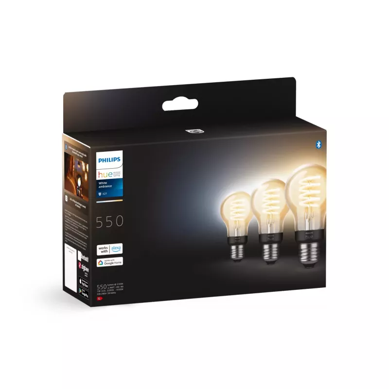 Philips Hue White Ambiance E27 A60 slimme filamentlamp, 7 W, 550 lm, 3 stuks