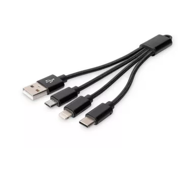 DIGITUS USB-oplaadkabel USB A – Lightning+Micro B+Type-C M/M/M/M 15 cm 3-in-1-kabel, katoen, CE, Zwart