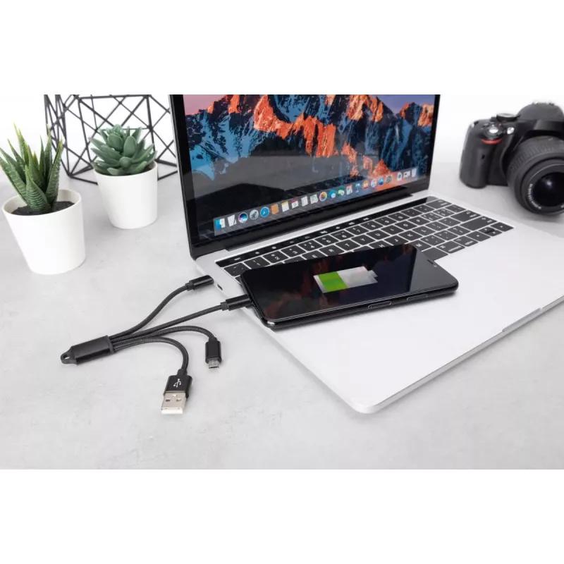 DIGITUS USB-oplaadkabel USB A – Lightning+Micro B+Type-C M/M/M/M 15 cm 3-in-1-kabel, katoen, CE, Zwart