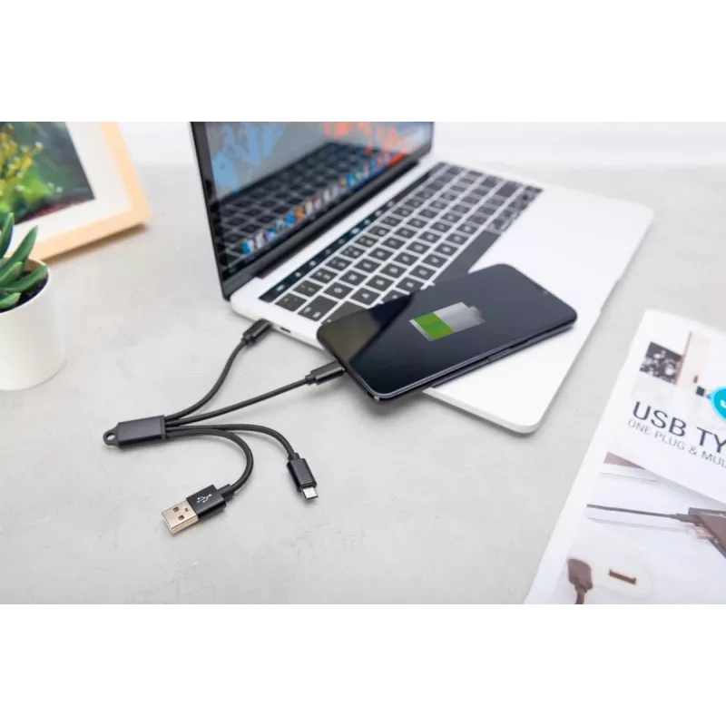 DIGITUS USB-oplaadkabel USB A – Lightning+Micro B+Type-C M/M/M/M 15 cm 3-in-1-kabel, katoen, CE, Zwart