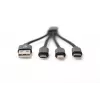 DIGITUS USB-oplaadkabel USB A – Lightning+Micro B+Type-C M/M/M/M 15 cm 3-in-1-kabel, katoen, CE, Zwart