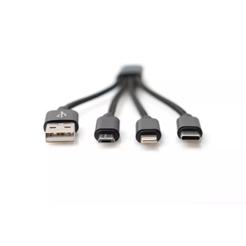 DIGITUS USB-oplaadkabel USB A – Lightning+Micro B+Type-C M/M/M/M 15 cm 3-in-1-kabel, katoen, CE, Zwart