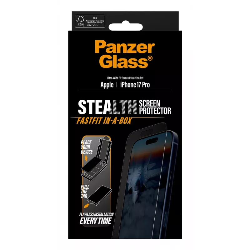 PanzerGlass ® Stealth screenprotector iPhone 17 Pro | Ultra-Wide Fit met FASTFIT IN-A-BOX
