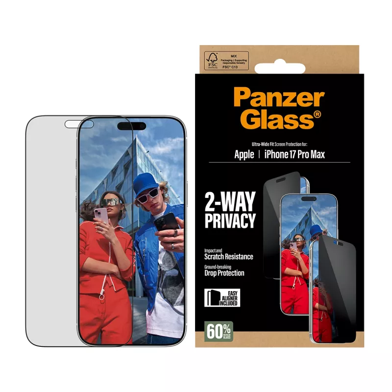 Schermbescherming PanzerGlass 2-weg-privacyscherm voor iPhone 17 Pro Max — gehard glas, Ultra-Wide Fit, EasyAligner
