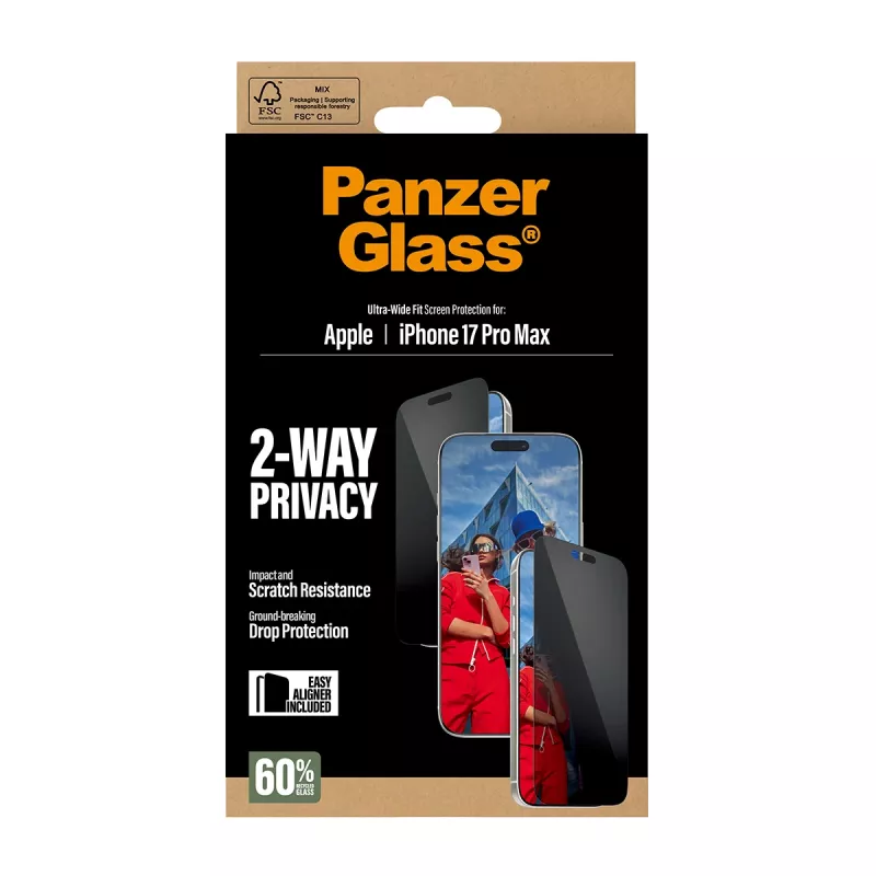 Schermbescherming PanzerGlass 2-weg-privacyscherm voor iPhone 17 Pro Max — gehard glas, Ultra-Wide Fit, EasyAligner