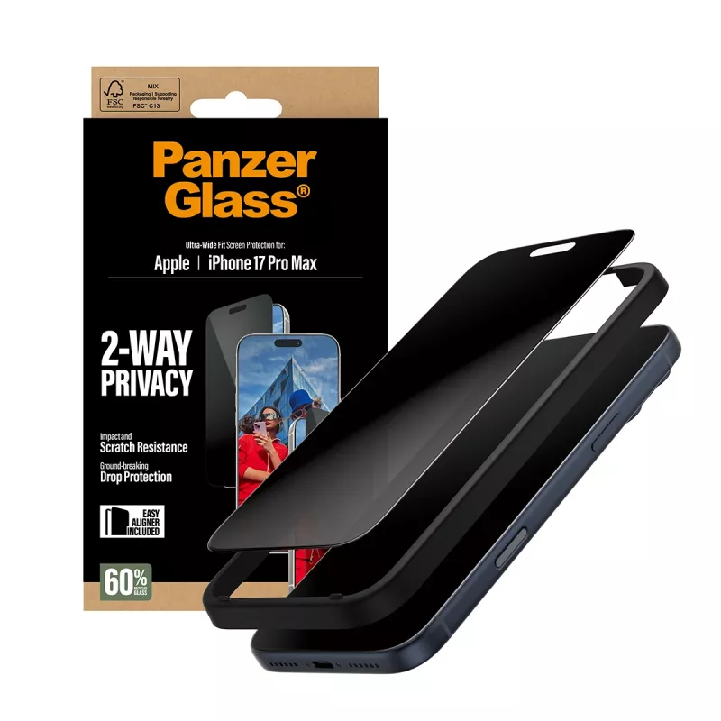 Schermbescherming PanzerGlass 2-weg-privacyscherm voor iPhone 17 Pro Max — gehard glas, Ultra-Wide Fit, EasyAligner