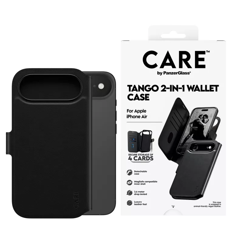 Portemonneehoes PanzerGlass CARE Tango 2-in-1 met MagSafe voor iPhone Air — zwart