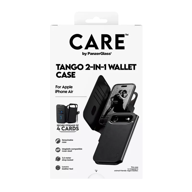 Portemonneehoes PanzerGlass CARE Tango 2-in-1 met MagSafe voor iPhone Air — zwart