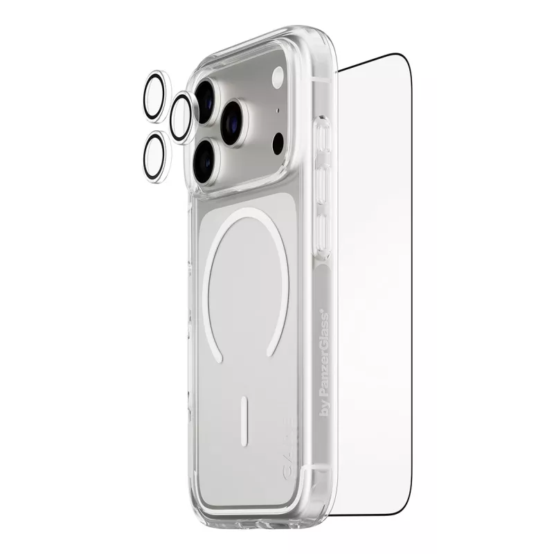Schermbescherming bundel PanzerGlass CARE 3-in-1 Flagship Explorer voor iPhone 17 Pro – gehard glas, PET, silicone, transparant