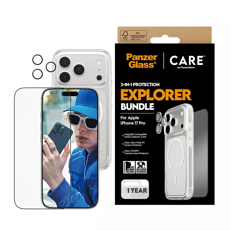 Schermbescherming bundel PanzerGlass CARE 3-in-1 Flagship Explorer voor iPhone 17 Pro – gehard glas, PET, silicone, transparant