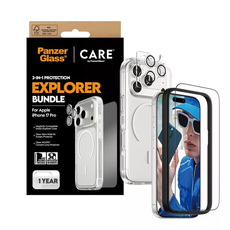 Schermbescherming bundel PanzerGlass CARE 3-in-1 Flagship Explorer voor iPhone 17 Pro – gehard glas, PET, silicone, transparant