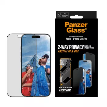 Privacyschermfolie PanzerGlass voor iPhone 17 / iPhone 16 Pro — Ultra-Wide Fit, gehard glas + PET, FASTFIT