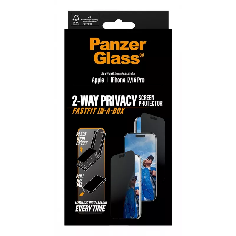 Privacyschermfolie PanzerGlass voor iPhone 17 / iPhone 16 Pro — Ultra-Wide Fit, gehard glas + PET, FASTFIT