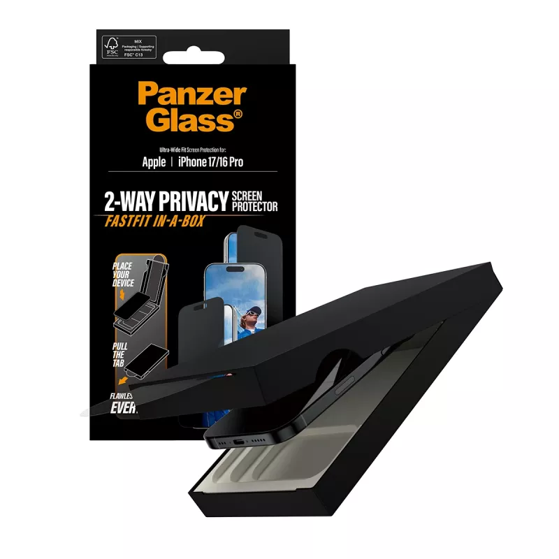 Privacyschermfolie PanzerGlass voor iPhone 17 / iPhone 16 Pro — Ultra-Wide Fit, gehard glas + PET, FASTFIT